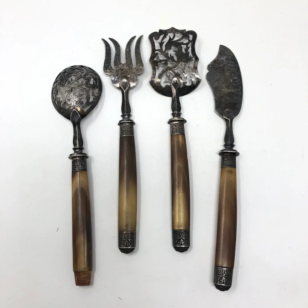 Vintage‎ Antique Serving Utensils Slotted Spoon Fork Jelly Server Knife Set Of 4